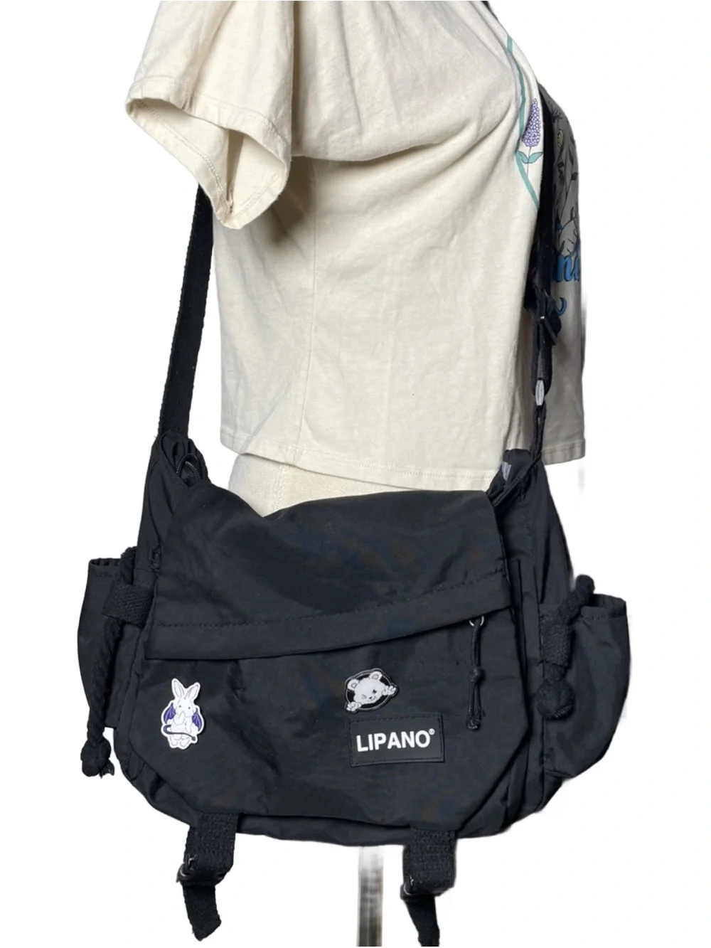 Lipano Black Nylon Adjustable Crossbody Messenger Bag w/Pins (Unisex)